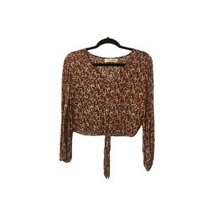 Brown Floral Button Up Front Tie Crop Top